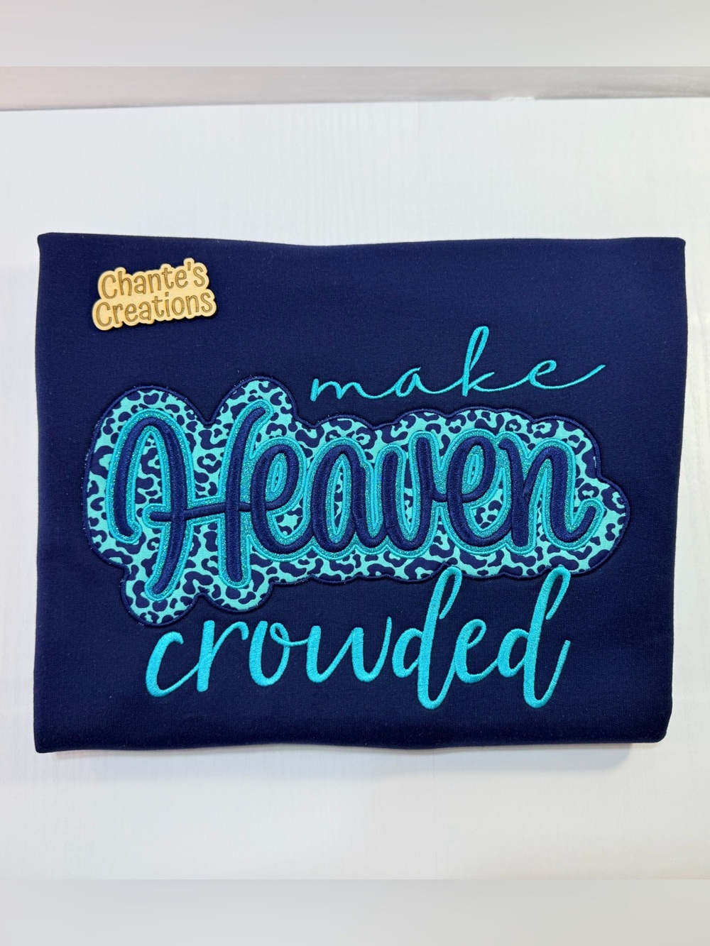 Gildan Navy Sweatshirt with Teal Script & Leopard Patch